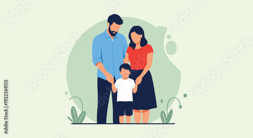 Loving family consisting of a father, mother, and young son standing together in a warm embrace against a soft green background.