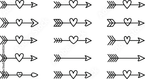 A charming collection of black outline arrows adorned with various heart shapes presented on a clean white surface