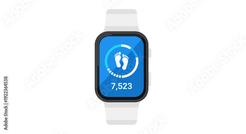 White Smartwatch Displaying Step Counter with Footprints Icon and Digital Number.