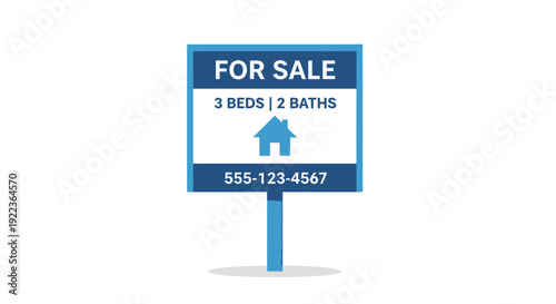 Blue and White For Sale Sign with House Icon and Contact Information.
