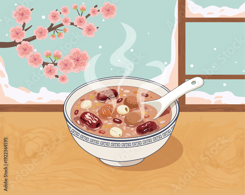 Spring Festival custom illustration, Laba Festival (the 8th day of the 12th lunar month), Laba porridge, vector illustration