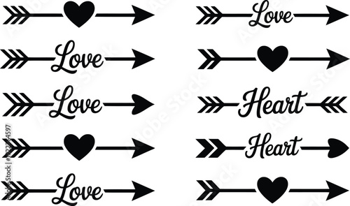 A charming collection of black arrows adorned with heart symbols and the elegant words Love and Heart