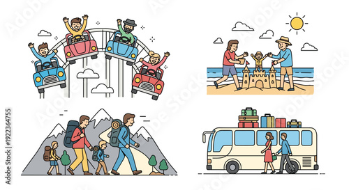 Collection of travel experiences including family fun at the beach, hiking in mountains, riding a bus, and theme park thrills.