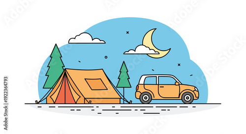 Peaceful night camping setup featuring a tent under the crescent moon and a small orange car parked in a forest clearing.