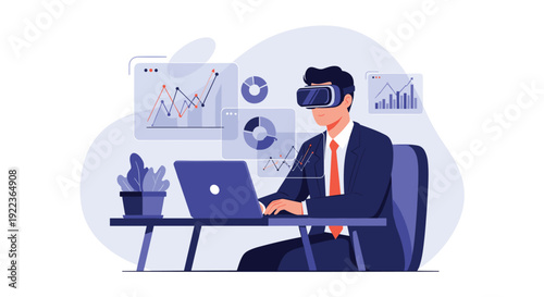 Innovative businessman analyzes complex data sets and financial markets using a virtual reality headset and laptop in his office.