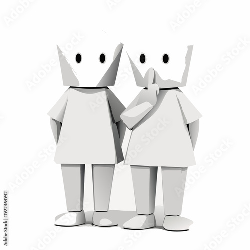 A vector graphic illustration of two origami humanoid figures standing side by side on a white background