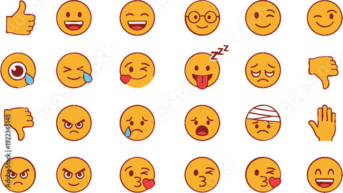 Large collection of yellow emoji icons and hand gestures featuring diverse facial expressions including happy sad laughing and romantic symbols.