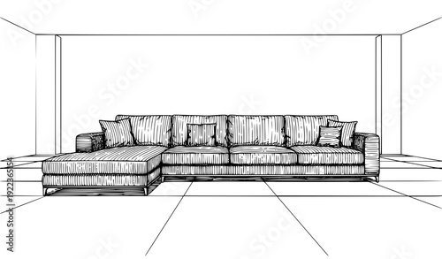 Architectural Modern Sofa Interior Sketch Hand Drawn Ink Vector Art