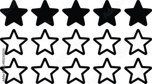 A clear visual display of five solid black rating stars and ten outlined empty stars