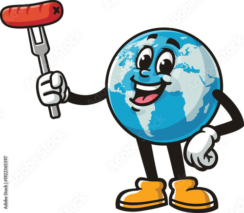 Earth mascot cartoon holding a sausage