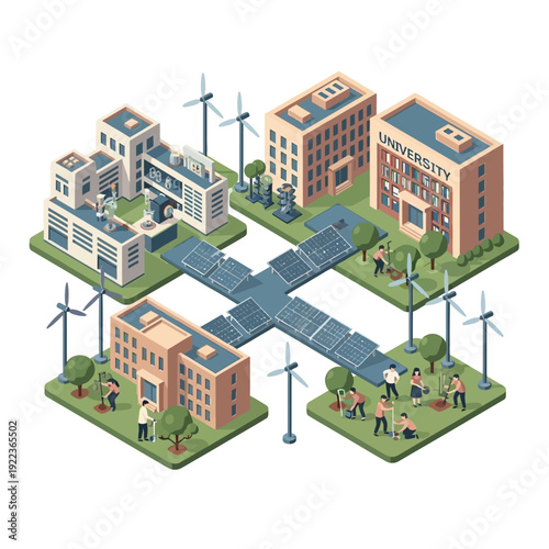 Isometric Buildings with Wind Turbines and People.