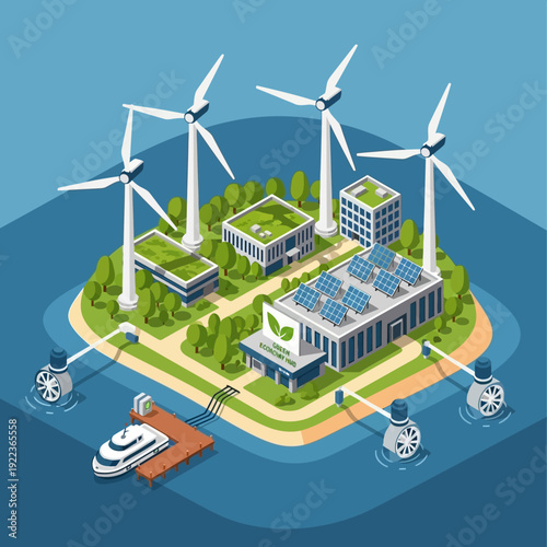 Sustainable Island with Wind Turbines and Solar Panels.