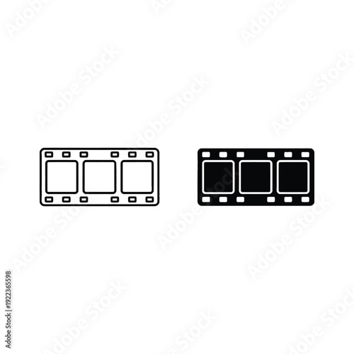Film strip icons with three frames in black and white on a plain white background for graphic design and media concepts