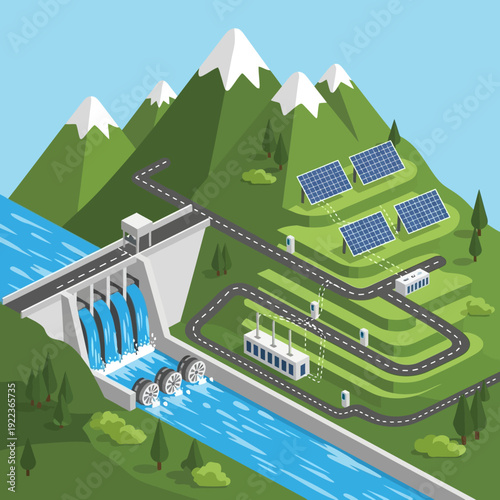 Hydroelectric Dam with Solar Panels Nearby.