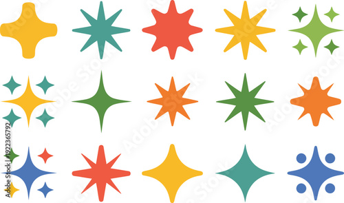A collection of colorful star shapes and shimmering sparkle elements on a bright white surface