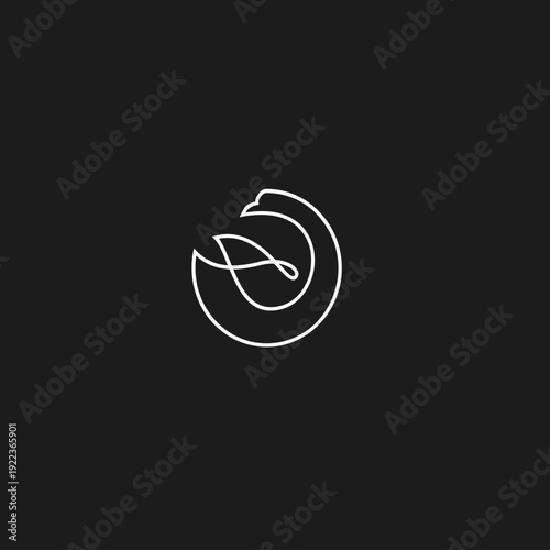 Abstract Bird Logo Design in Continuous Single Line Art. Minimalist Eagle or Hawk Symbol in a Circular Shape on Black Background.