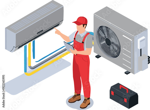 Isometric Air Conditioner Installation and Maintenance Vector Illustration with HVAC Technician, Indoor Outdoor Unit, Repair Service Concept Isolated on White Background