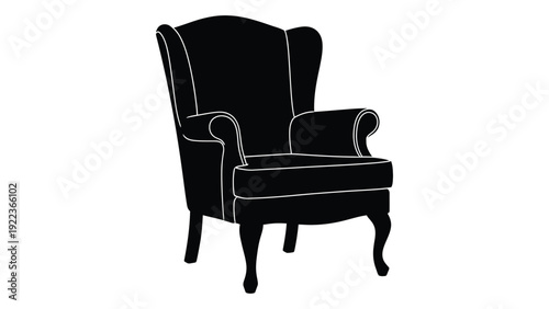 A black and white image of a wingback chair isolated on white background, Vector