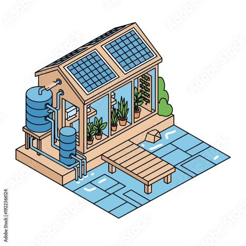 Sustainable Greenhouse with Solar Panels and Water Tanks.