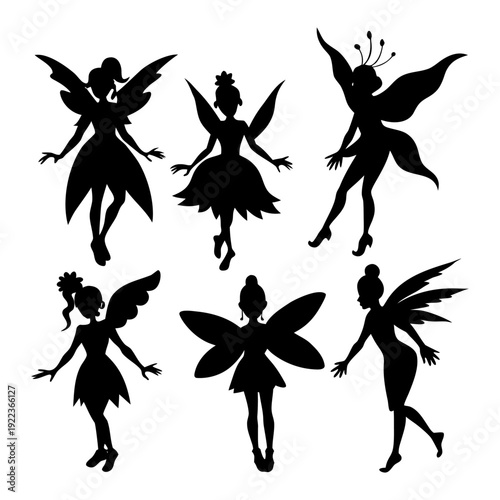 Elegant Fairy Silhouette Icons on White Background.