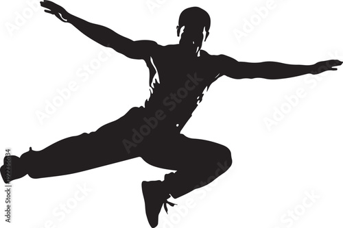 Silhouette of muscular male athlete performing dynamic mid-air parkour jump or martial arts kick against white background