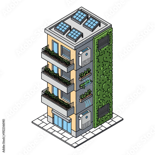Sustainable Building with Solar Panels and Greenery.