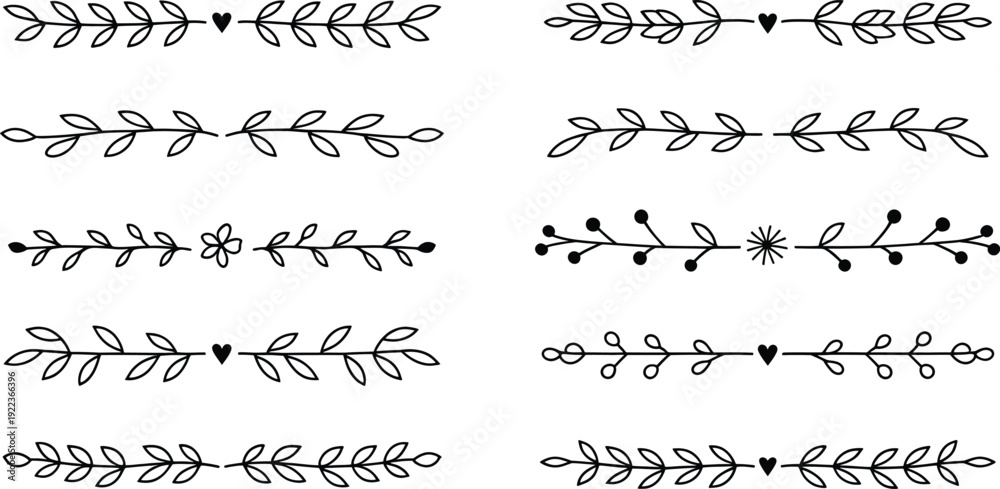 Obraz premium A collection of elegant linear dividers featuring delicate leaves and small hearts for page separation