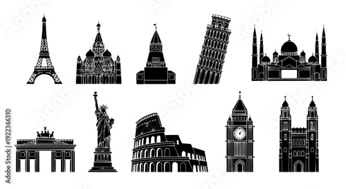 World Landmark Silhouette Icon Set – Black Flat Vector Illustration