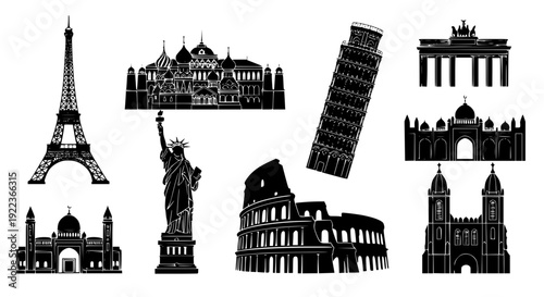 Famous Architectural Landmark Silhouettes – Black Flat Vector Icons