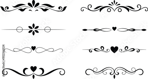 A collection of elegant black ornamental dividers featuring floral scrolls and heart shapes on a white background