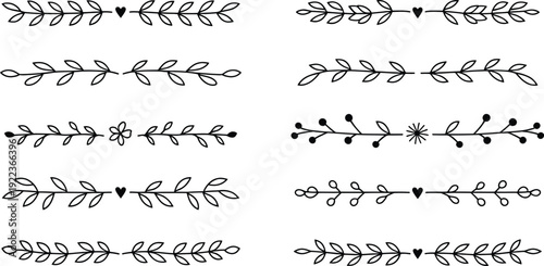 A collection of elegant linear dividers featuring delicate leaves and small hearts for page separation