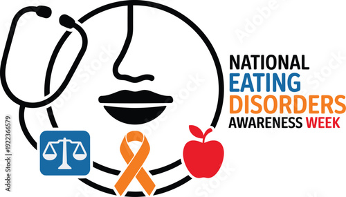 National Eating Disorders Awareness Week Logo with Stethoscope and Apple Icon for Mental Health Clinics and Medical Professional Support