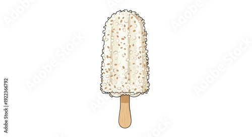 A creamy white popsicle covered in small crunchy toppings on a wooden stick.
