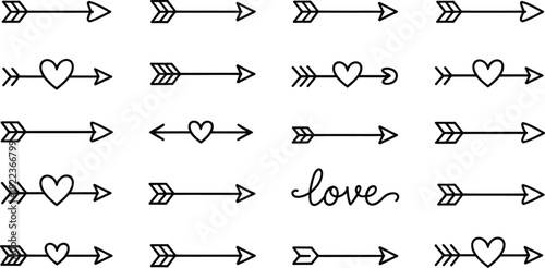 A collection of outlined black arrows with heart symbols and a handwritten love word on white