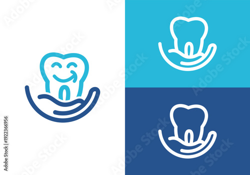 Dental care logo design with tooth and hand in blue color.