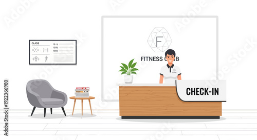 Fitness club reception with male receptionist at check-in desk and modern waiting area.