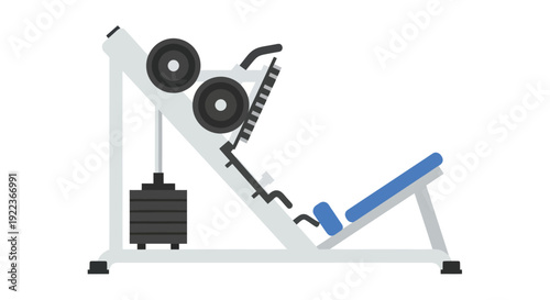 A white and blue leg press machine with weight plates and a weight stack for strength training.