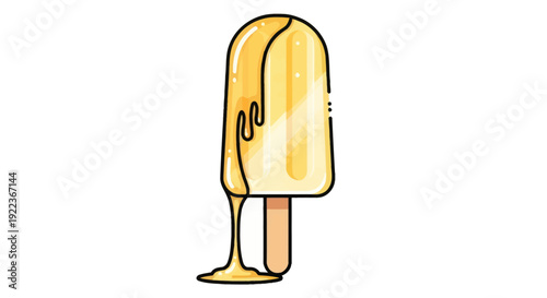 A delicious yellow popsicle with dripping glaze on a stick.