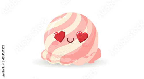 Cute pink and white swirled marshmallow character with big red heart eyes in love.