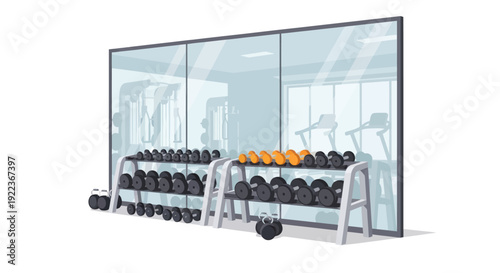 Dumbbell Rack Displayed Against a Glass Wall in Gym.