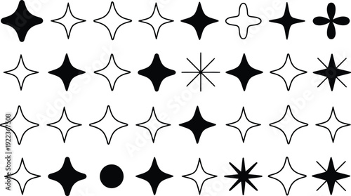 A collection of various black and white sparkle shapes and outline icons on a clean white background