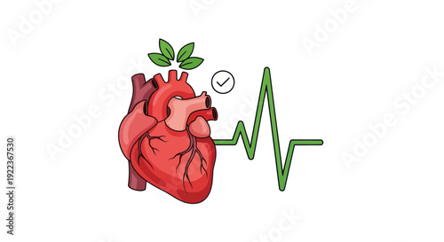 Healthy Heart with Green Leaves and Heartbeat Line Illustration.