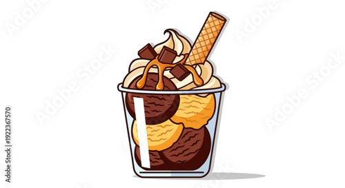 Illustrated chocolate and caramel ice cream sundae in a glass with whipped cream and a wafer.