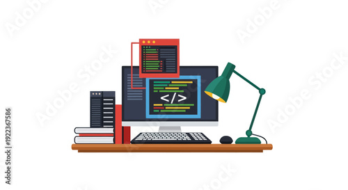 Modern Computer Desk Setup with Coding Interface and Lamp.