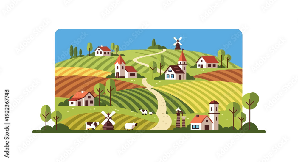 Fototapeta premium Charming Rural Village Landscape Vector Illustration. Rolling Green Hills, Farm Fields, Houses, Windmills, and Livestock in Flat Design Style.