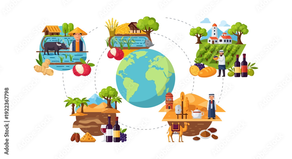 Obraz premium World Agriculture Concept: Global Food Sources, Supply Chain, and International Trade Routes. Farming and Crop Diversity Illustration.