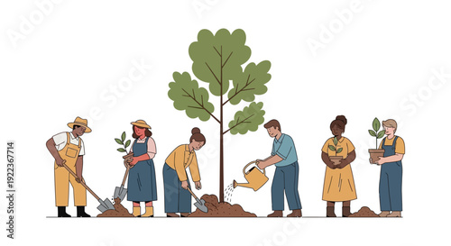 Diverse Team Planting Trees: Environmental Conservation, Ecology Project, Sustainable Future, Community Volunteering and Reforestation Illustration.
