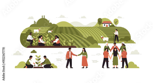 Sustainable Community Farming: Diverse Group Planting Crops, Reforestation, Unity, and Agricultural Cooperation Concept Vector Illustration.