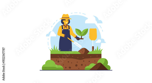 Woman Farmer Planting Seedling into Soil Cross-Section. Flat Design Vector Illustration of Agriculture, Gardening, and Sustainable Growth Concept.