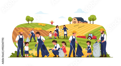 Family and Community Volunteers Cleaning Up Litter in Farm Fields. Environmental Protection and Agricultural Stewardship Vector Illustration.